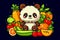 cartoon chibi cute panda with fresh vegetables and fruits