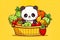 cartoon chibi cute panda with fresh vegetables and fruits