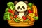 cartoon chibi cute panda with fresh vegetables and fruits