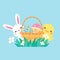 Cartoon chick with Easter eggs in the grass and Easter egg search activity with children