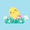 Cartoon chick with Easter eggs in the grass and Easter egg search activity with children