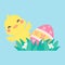 Cartoon chick with Easter eggs in the grass and Easter egg search activity with children