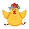 Cartoon chicken chick vector funny character with flowers circlet wreath