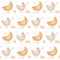 Cartoon chicken, eggs and leaves seamless pattern. Cute hens wallpaper. Farm animals theme background.