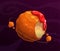 Cartoon chicken nuggets planet. Giant round nugget in the space.