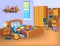 Cartoon child bedroom with computer on desk, toys and electric guitar