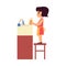 Cartoon child doing the dishes - happy little girl on a chair washing a dish