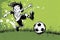 A cartoon child energetically kicks the soccer ball on a vibrant green background.