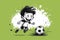 A cartoon child energetically kicks the soccer ball on a vibrant green background.