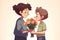 Cartoon child gives parents a beautiful orange bouquet of flowers. Generative AI