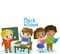 cartoon child kid boy and girl pupils going to school learning solving tasks on the blackboard childhood illustration for children