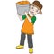 Cartoon child shouldering a bucket of oranges