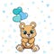 Cartoon child teddy bear sits and holds balloons, congratulates on holiday. greeting card vector for boys