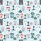 Cartoon childish city print. Vector childish seamless pattern with town symbols, houses, buildings, trees, streets.