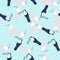 Cartoon childish seamless pattern with simple random toucan birds silhouettes print. Light blue background