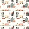 Cartoon childish town city print.Vector childish doodle style seamless pattern.