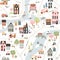 Cartoon childish town city print.Vector childish doodle style seamless pattern.