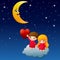 Cartoon children on the cloud with a heart and moon