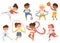 Cartoon children exercising, kids doing sports and gymnastics. Boys and girls playing ball, ice skating, skipping rope