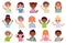 Cartoon children multiethnic characters hello by waving hands. Kids smiling portraits. Happy kindergarten boys and girls