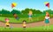 Cartoon Children Play with Kyte in Green Field