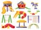 Cartoon children playground elements, kids park equipment. Slide, seesaw, swing, sandbox, swing horse, kindergarten