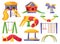 Cartoon children playground elements, kids park equipment. Slide, seesaw, swing, sandbox, swing horse, kindergarten outdoor