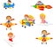 Cartoon children playing plane toys collection set