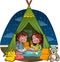 Cartoon children reading books inside a tent.