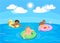 Cartoon children swim in the sea