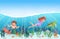 Cartoon children swimming with octopus and turtle under the sea.