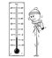 Cartoon of Chilled Man Looking at Big Celsius Thermometer Showing Low Temperature