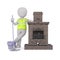 Cartoon Chimney Sweep Leaning Against Fireplace