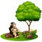 Cartoon chimpanzee mother hug her baby chimp under a tree on a white background