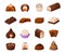 Cartoon chocolate candies. Sweet milk cacao desserts with topping and nuts. Delicious confection template. Glazed sweets