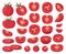 Cartoon chopped tomatoes, red vegetable slices. Tomato half, fresh red tomatoes slice, organic vegetables with yellow seeds flat