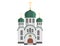 Cartoon christian church with green dome and cross