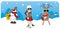 Cartoon Christmas card. girl, snowman and reindeer