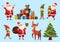 Cartoon christmas characters. Xmas tree with Santa Claus gifts, Santas helpers elves and winter holidays deer vector