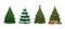 Cartoon Christmas fir trees, decorated and covered with snow green xmas trees. Winter holiday symbol vector illustrations set.