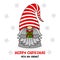 Cartoon Christmas gnome in a hat with gift and text. Vector character with beard and snowflakes