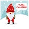 Cartoon Christmas illustrations. Funny happy Santa Claus character against the background of snowdrifts and Christmas