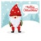 Cartoon Christmas illustrations. Funny happy Santa Claus character against the background of snowdrifts and Christmas