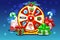 Cartoon Christmas lucky roulette, spinning fortune wheel. Holiday icons and gifts, vector illustration