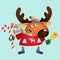Cartoon christmas moose in winter clothes with golden bell