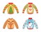 Cartoon christmas party jumpers decorated fir tree, Santa Claus, reindeer and bear design. Cute warm sweaters for winter