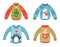 Cartoon christmas party jumpers for winter holiday celebration. Knitted cute sweaters with fir tree, snowman, penguin