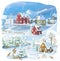 cartoon christmas scene with city in the winter with some wild animals near the town illustration for children