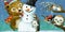 Cartoon christmas scene with different animals and snowman illustration