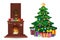 Cartoon christmas set of decorated burning fire place and fir tree with gifts on white